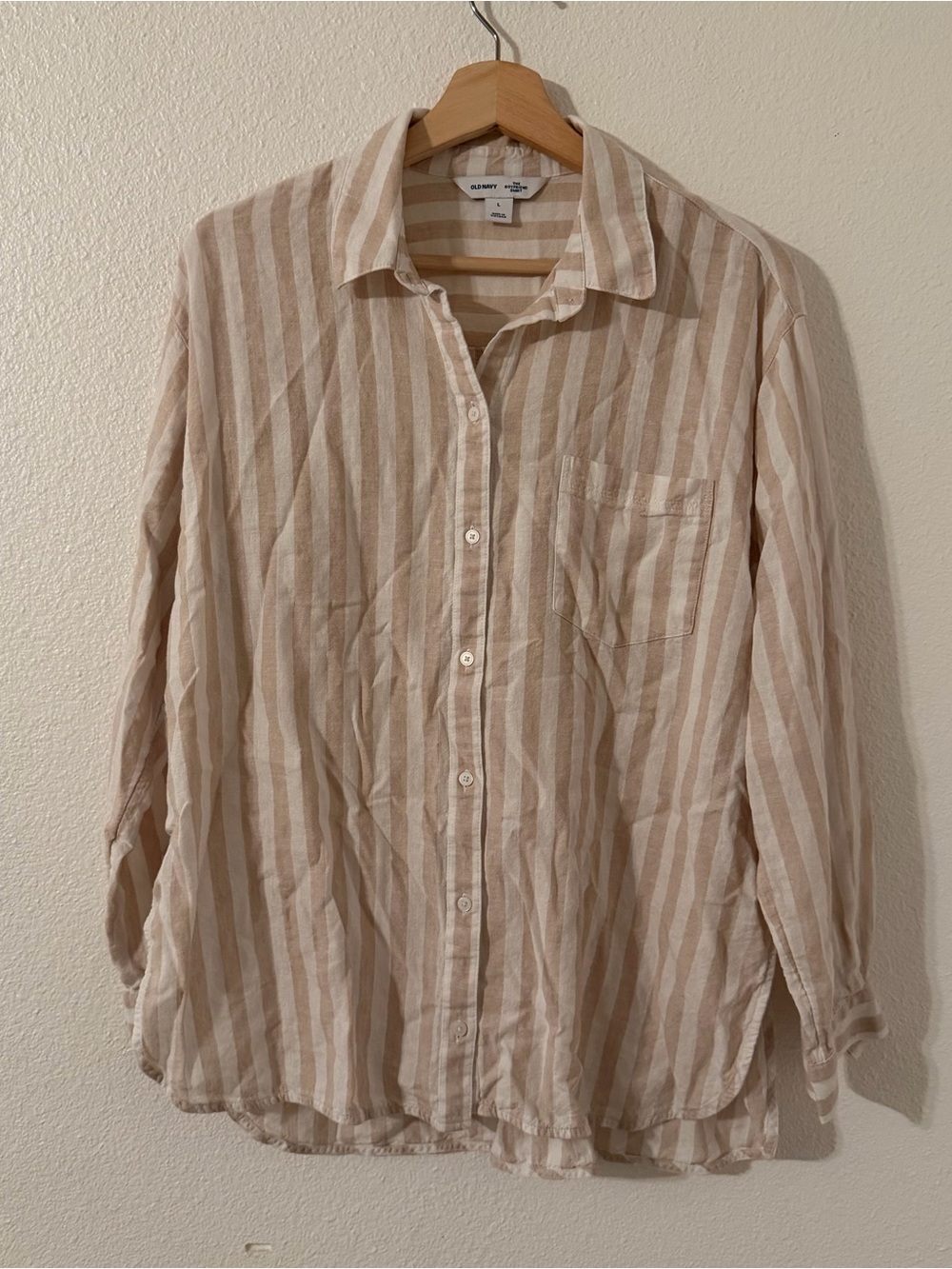 Old Navy The Boyfriend Shirt Long Sleeve Linen Blend Neutral Stripe Size Large